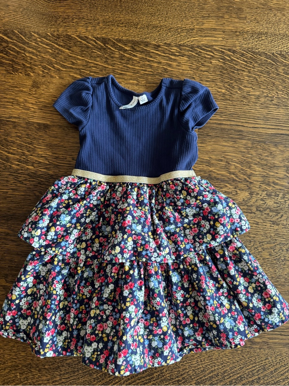 Janie and Jack Navy Floral Tiered Dress with Gold Waistband - Kids